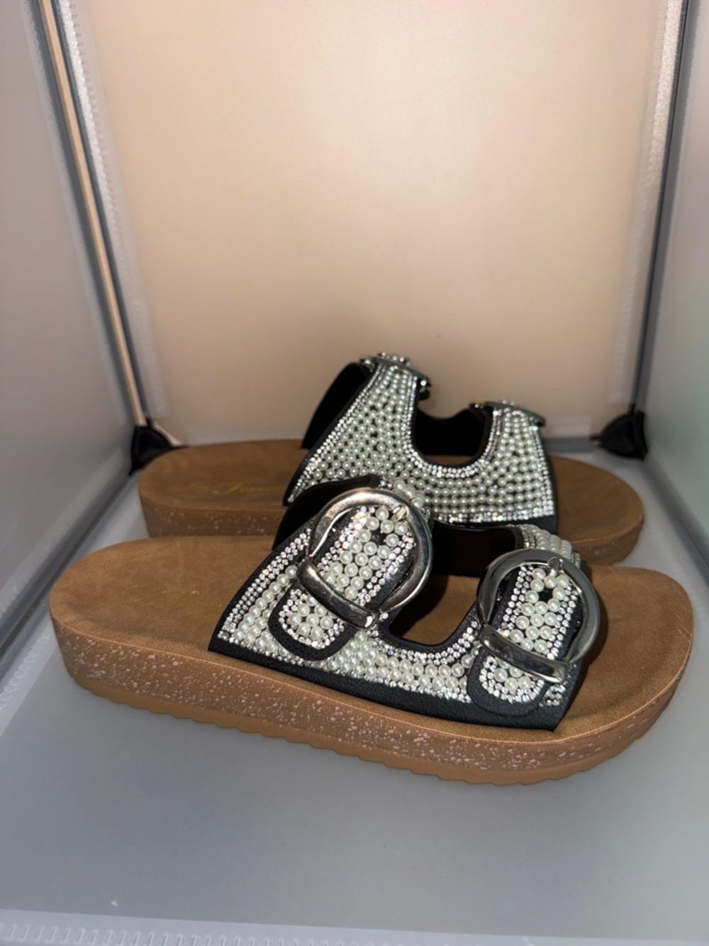 Forever Comfort Pearl Embellished Platform Slide Sandal Black Size 7